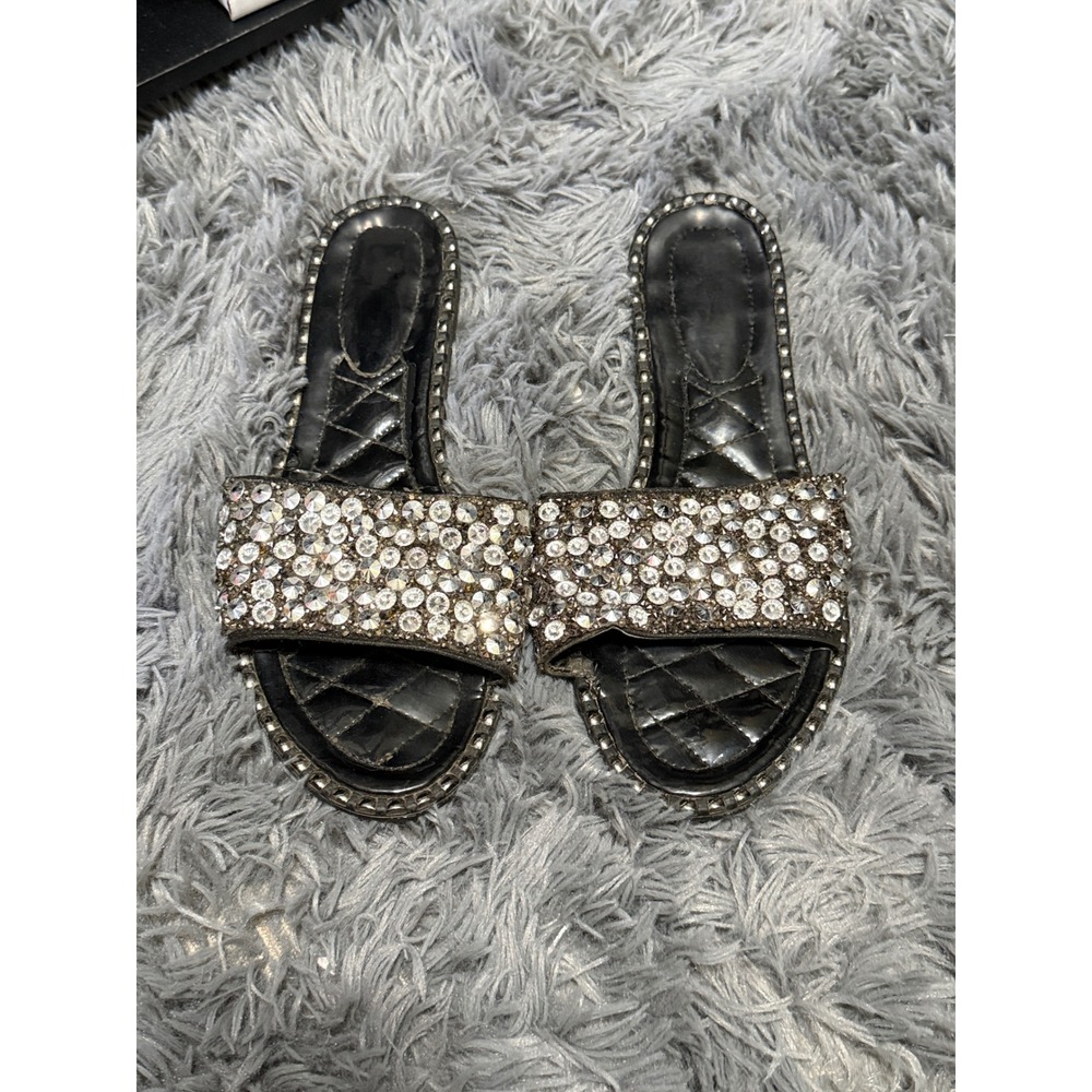 Rhinestone Slide Sandals Womens 9 Black Silver Quilted Studded Festival Bling - Picture 2 of 8